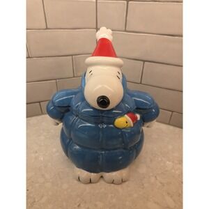 PEANUTS Snoopy and Woodstock Hand-Painted Puffer Coat Winter Cookie Jar NEW